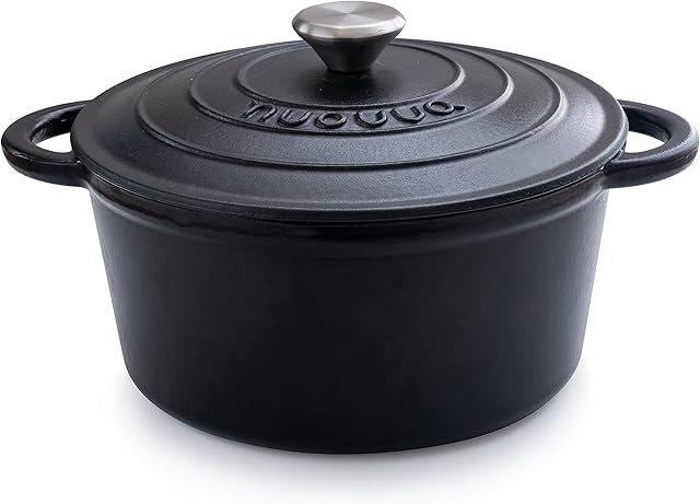 Cast Iron Pot with Lid Non-Stick Ovenproof Enamelled Casserole Pot Sturdy Dutch Oven Cookware 4.7L, 24cm by Nuovva (Black)