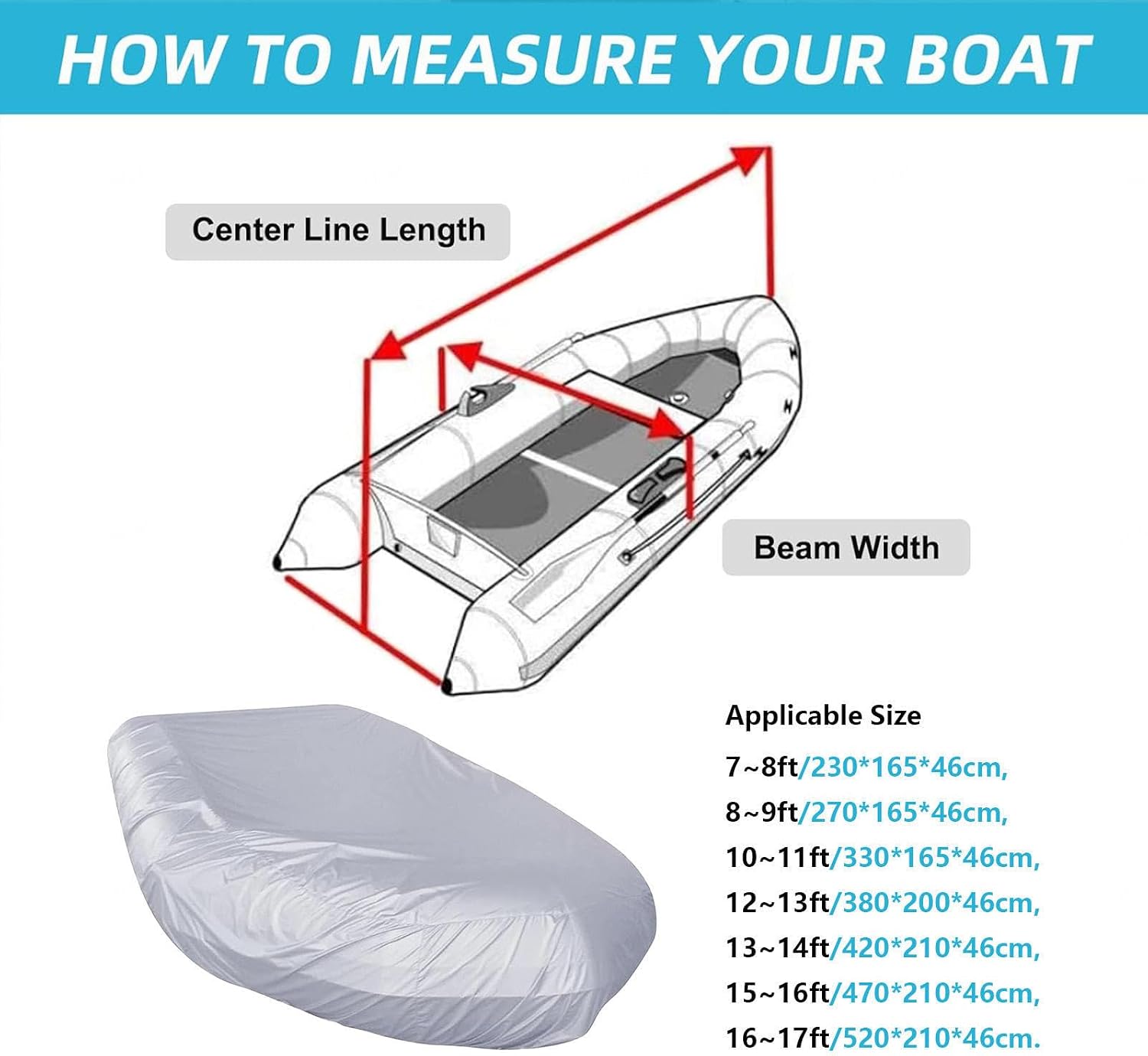 Dinghy Boat Cover 7 Sizes Boat Covers Waterproof Anti-UV Waterproof Boat Cover for Inflatable Boat and Dinghy,Gray-13-14-Feet
