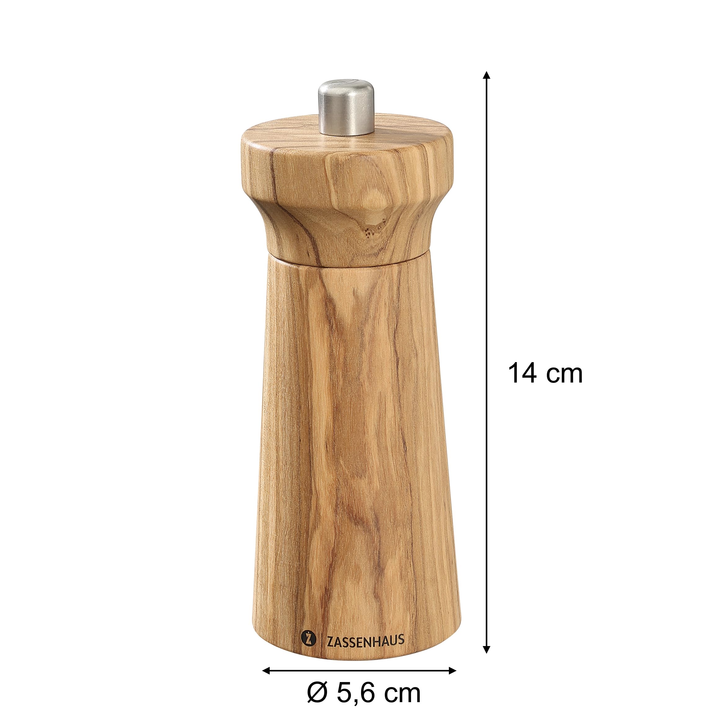 Zassenhaus Macinapepe WESTERLAND | legno d'ulivo | con meccanismo in ceramica ad alte prestazioni regolabile | Macina spezie per pepe | 14 cm, Ø 5,4 cm