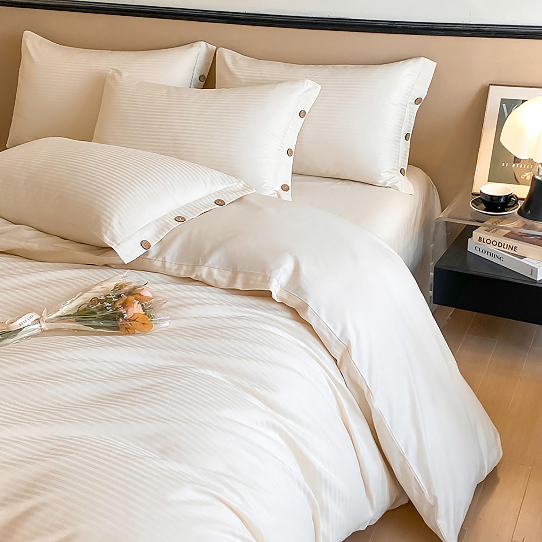 Parure de lit coton fibres longues blanc King drap satin doux respirant couleur unie