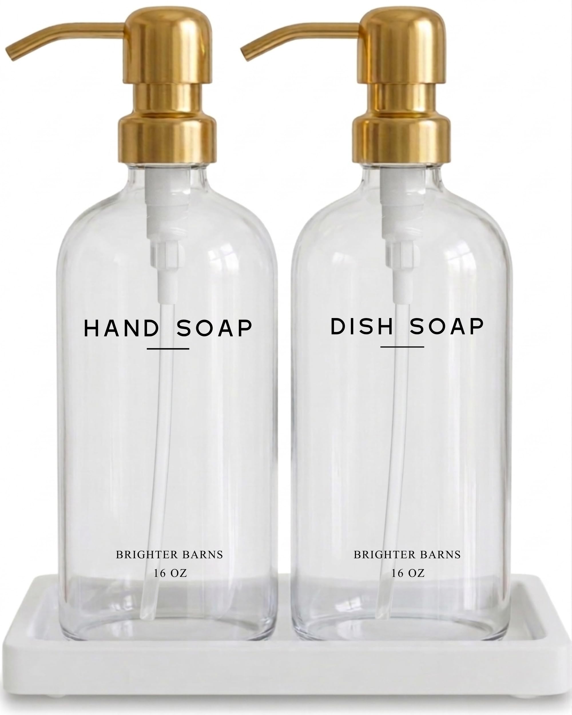 Luxury Glass Hand and Dish Soap Dispenser Set by Brighter Barns - Gold Kitchen Soap Dispenser Set with Stainless Steel Pumps and Ceramic Tray - Modern Kitchen Decor for Restaurants, Gifts (Clear/Gold)