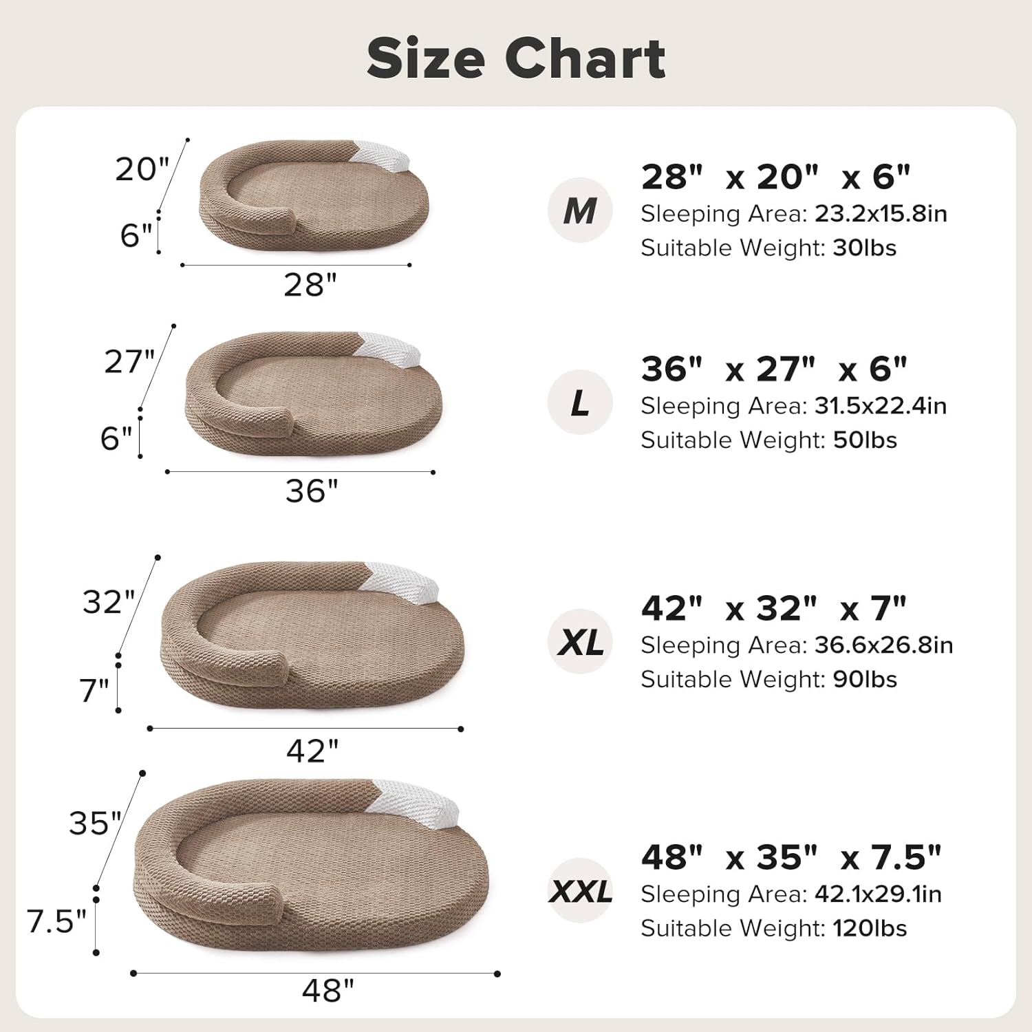 JOEJOY XXL Orthopedic Dog Beds, Extra Large Washable Waterproof Oval Dog Bed with with Removable Cover, Egg-Crate Memory Foam Pet Bed with Bolster Sides & Non-Skid Bottom, Brown, 48''x35''