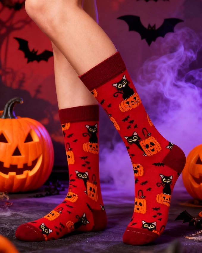 Calcetines de Halloween JaosWish para Mujer, Diseño de Gato y Calabaza miniatura 2