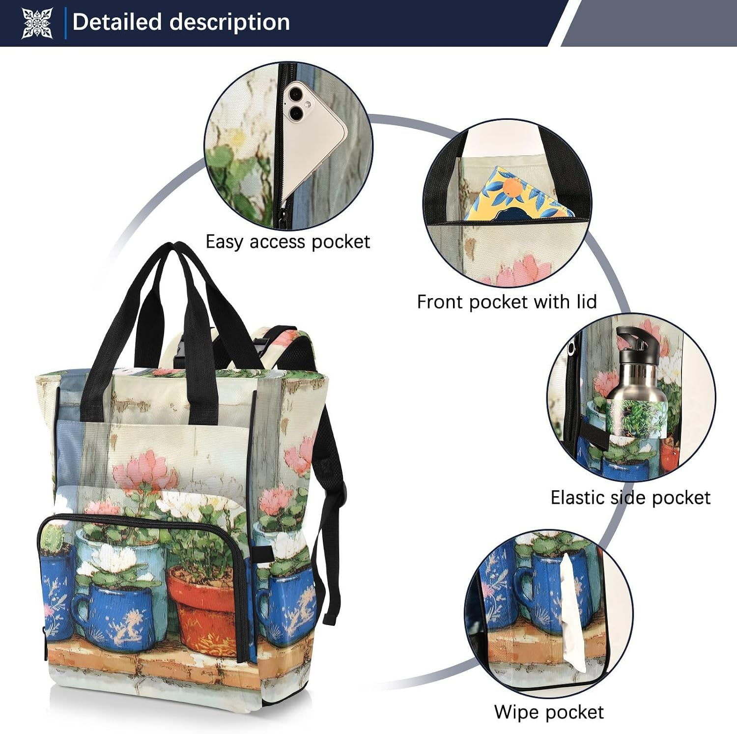 Diaper Backpack Vintage Floral Pot Pattern with Insulated Feeding Bottle Compartment, Mommy Nursing Bag Organizer for Travel Daycare with Stroller Straps