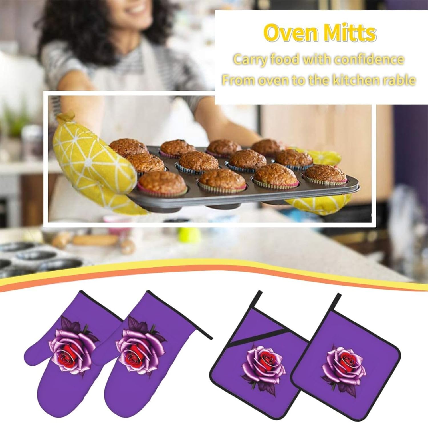 Fuchsia Rose Oven gloves and heat-resistant mat 4-piece set. Suitable for grilling, microwave oven frying, and baking