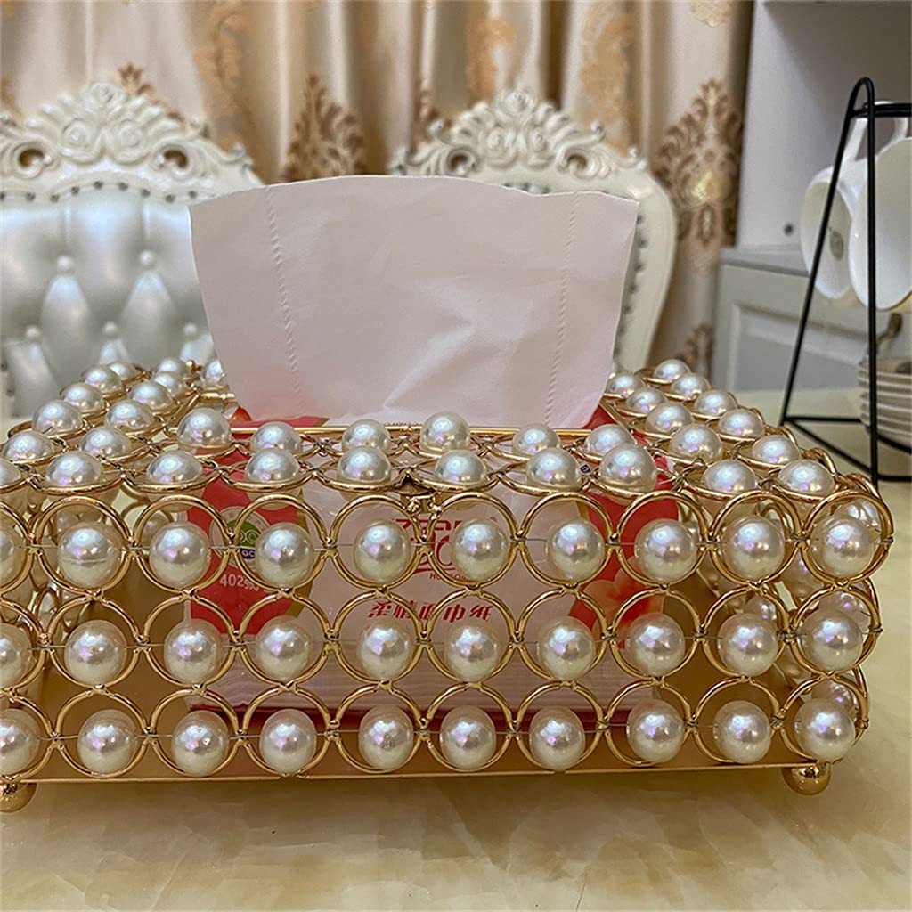 Scatola di fazzoletti Fatti a Mano Dorati Classici in Scatola di Perle Scatola di immagazzinaggio da Soggiorno Trasparente in Oro Cristallo intarsiato con Perla Bianca