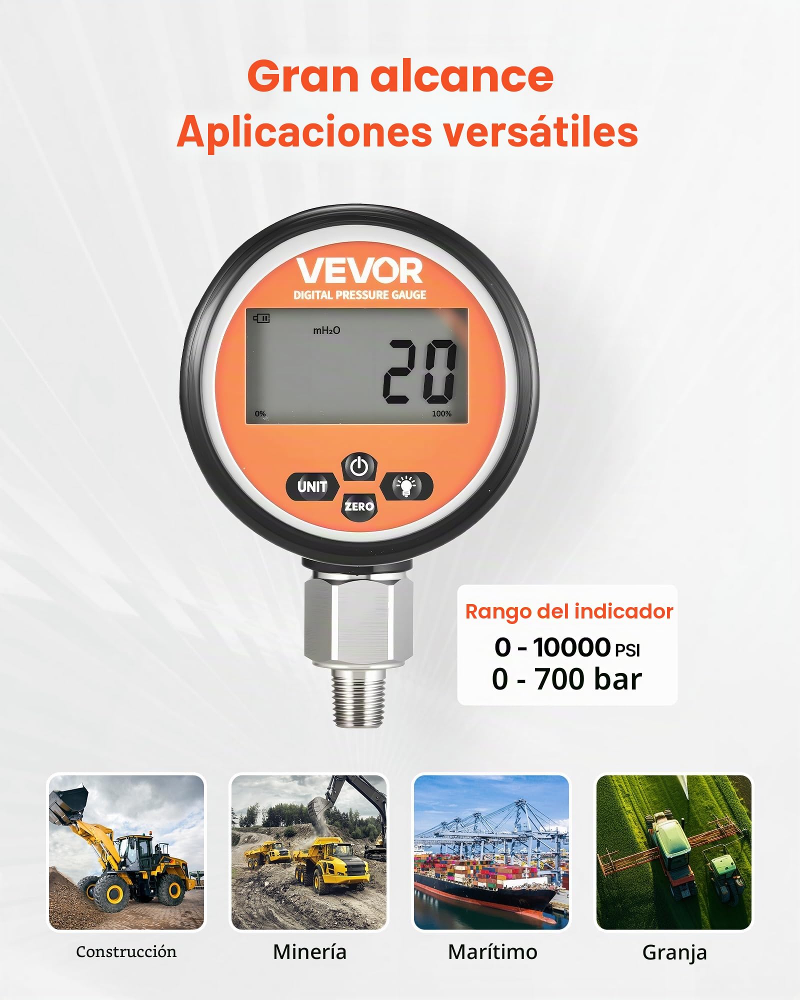 VEVOR Manómetro Hidráulico Digital 0 a 700 bar, Comprobador de Presión con Entrada de Base NPT, para Excavadoras y Maquinaria de Construcción, con Carcasa de Acero Inoxidable Cubierta Protectora
