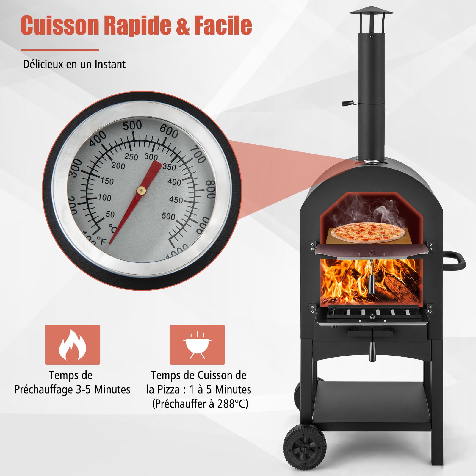 COSTWAY Four à Pizza Extérieur avec Thermomètre Intégré, Grill à Pizza Mobile, Noir