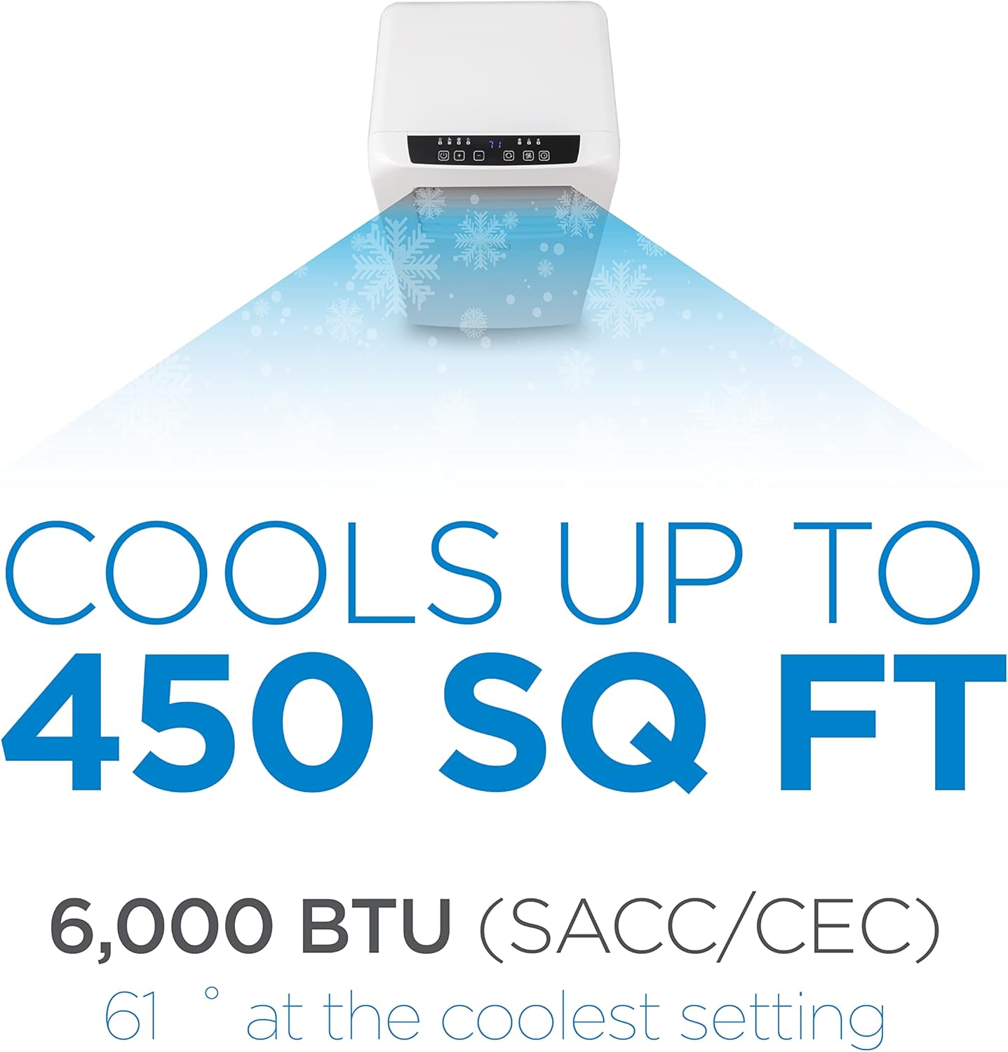 Illustration showing the BLACK+DECKER portable AC unit cooling an area up to 450 square feet.