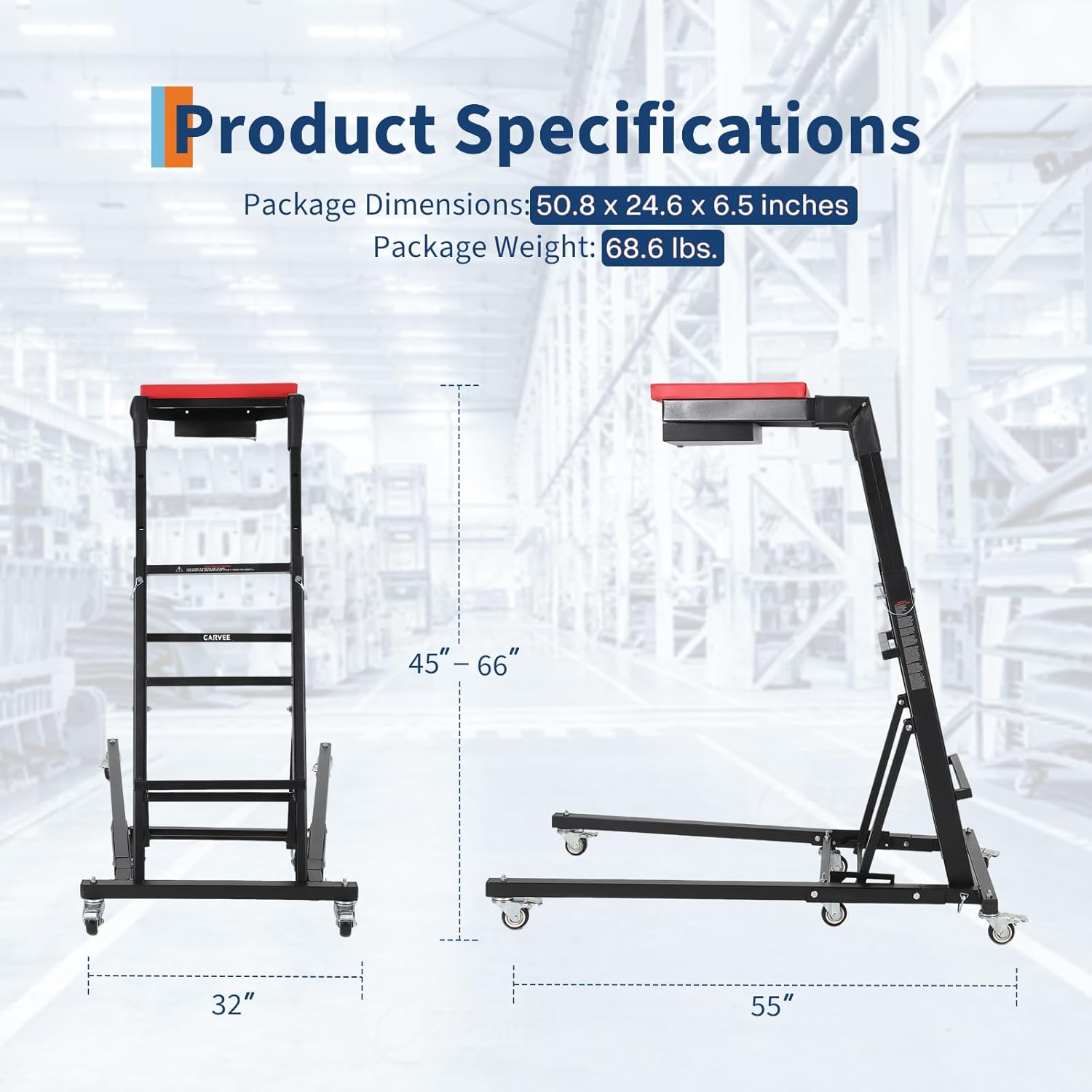 Automotive Engine Creeper Heavy Duty Foldable Creeper with Adjustable Height 45" to 66" 400 LBS Capacity High Creeper 6 Wheels,Storage Pouch&Padded Deck,Industrial-Grade Creeper for Auto Repair&Truck
