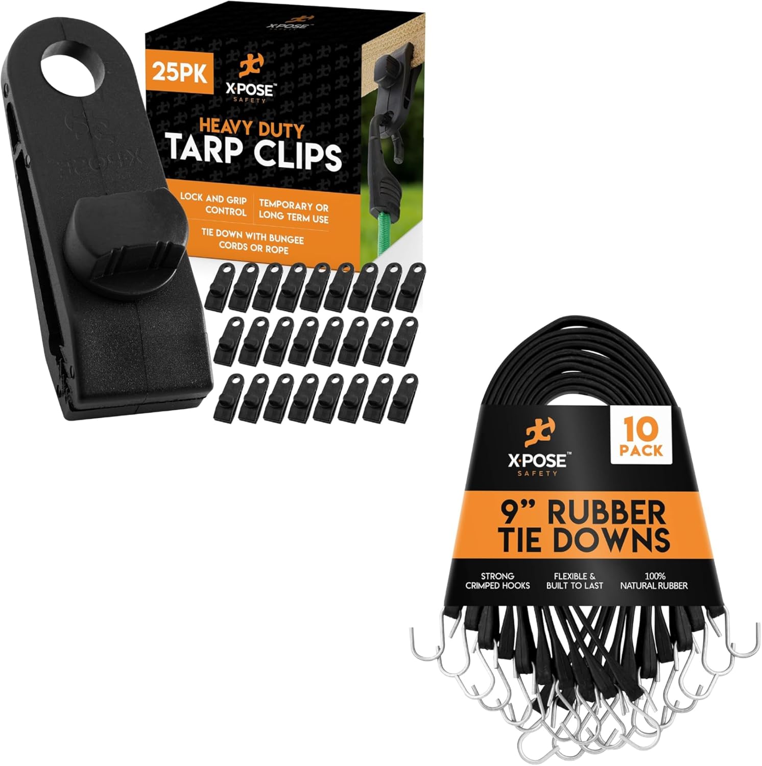 25-Pack Heavy Duty Reusable Tarp Clips & 10-Pack 9-Inch (14” Max Stretch) Rubber Bungee Cords with Hooks for Canopy Tents, Boat Covers, Camping, Cargo, Tarps, and Outdoor Use by Xpose Safety