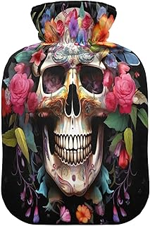 Wajiw Hot Water Bottle with Cover 2L Warm Water Bottle for Hot and Cold Compress Hot and Cold Therapies,Hand Feet Warmer,Halloween Skull