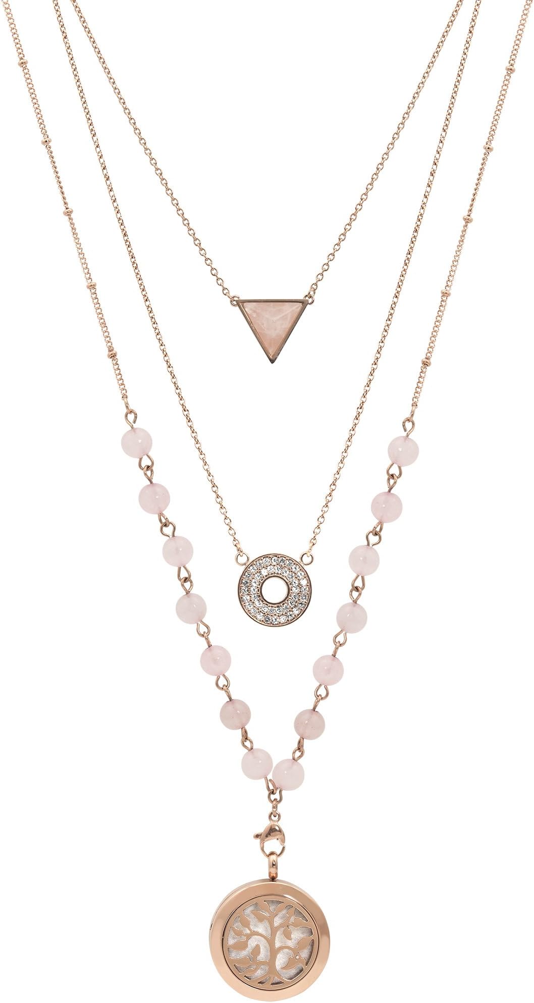 Rose Gold Rose Quartz Essential Oil Diffuser Necklace, Multi-Layer Chain 6mm Bead; Rose Gold 25mm Locket; 9 Colored Diffuser Pads, Velvet Bag (Rose Gold and Rose Quartz)