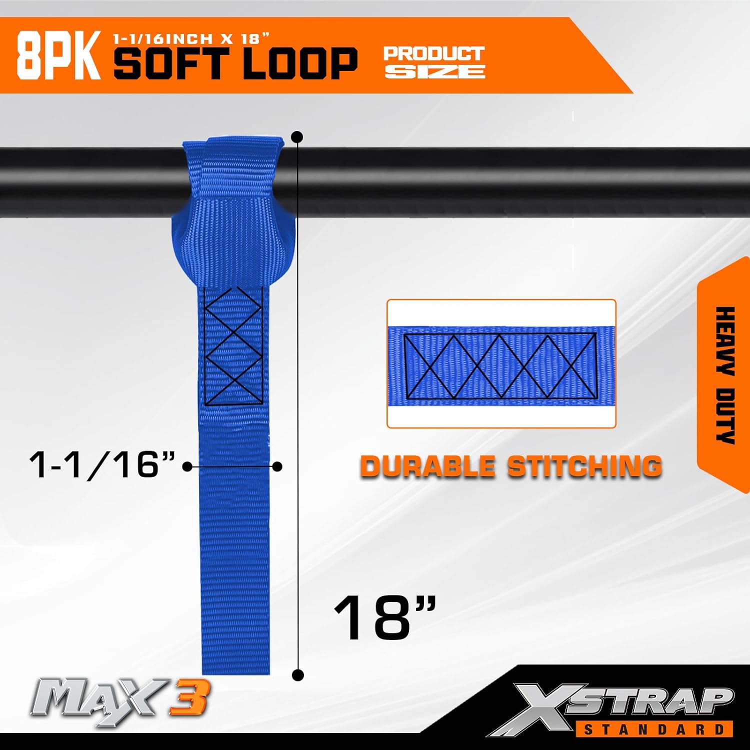 XSTRAP STANDARD Soft Loop Tie-Down Straps - 8PK 1-1/16 x 18 inches - 3600LB Breaking Strength, Loops for Securing Trailering of Bikes, ATV, UTV, Motorcycles, Scooters, Dirt Bikes, Lawn Equipment, Blue