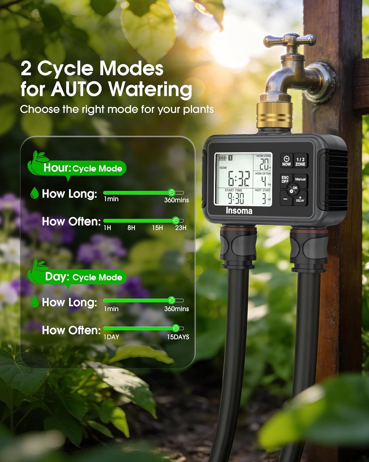 Insoma Water Timer with Brass Inlet & Outlet, 2 Independent Zones Outdoor Hose Timer for Garden Faucet with Auto/Manual/Rain Delay Mode, Sprinkler Irrigation Controller for Yard Lawn