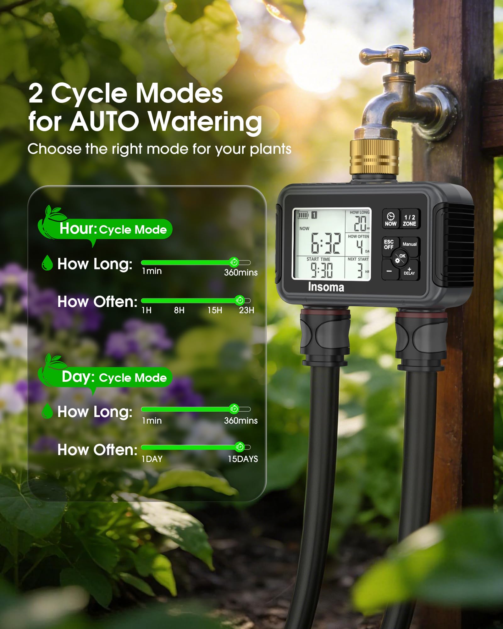 Insoma Timer per acqua con ingresso e uscita in ottone, 2 zone indipendenti per tubo da esterno per rubinetto da giardino con modalità auto/manuale/ritardo pioggia, regolatore di irrigazione per