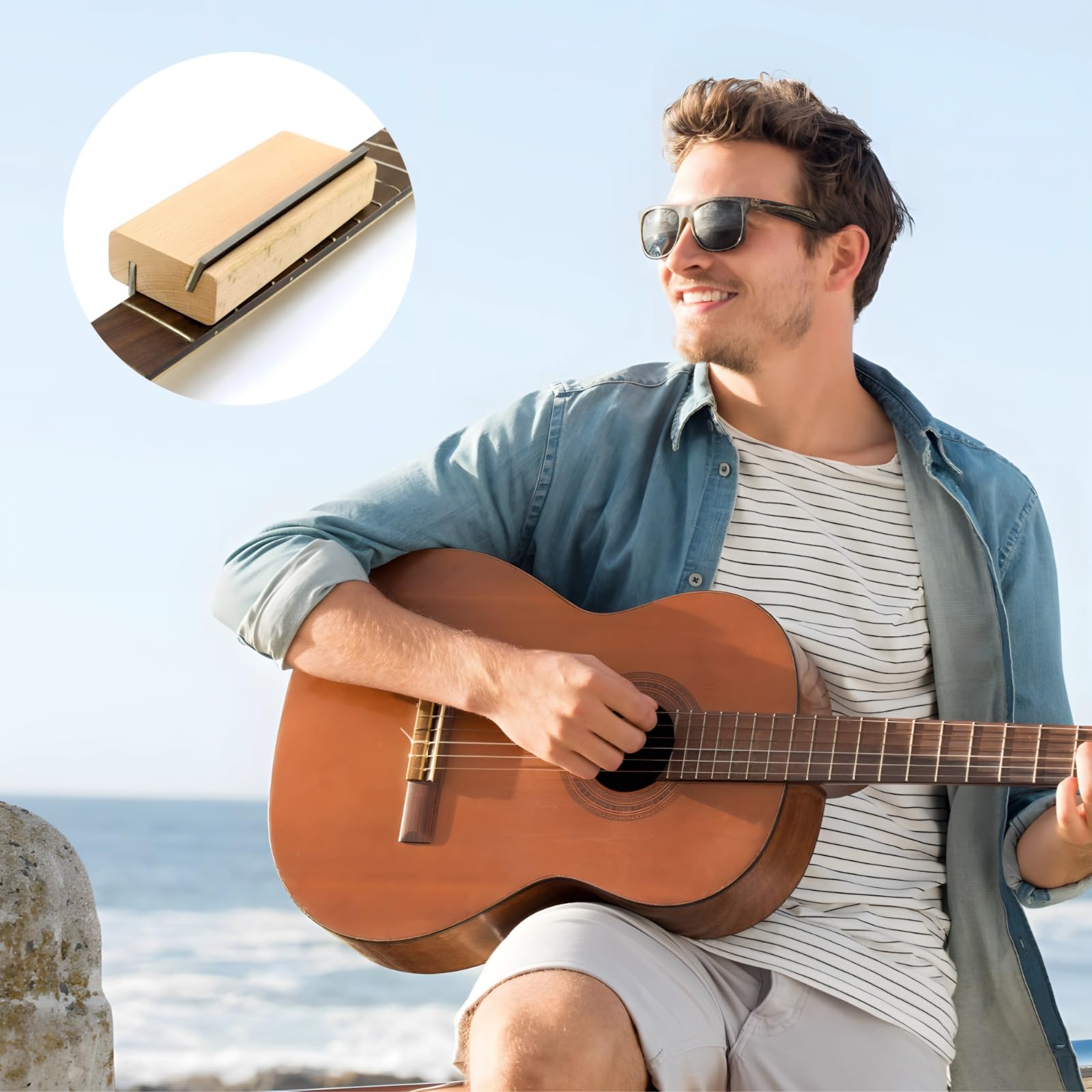 Lime de biseau pour frettes de guitare, lime de dressage des extrémités, outil 2 en 1 avec manche en bois, double lame pour une finition rapide et lisse, idéal pour l’entretien du manche