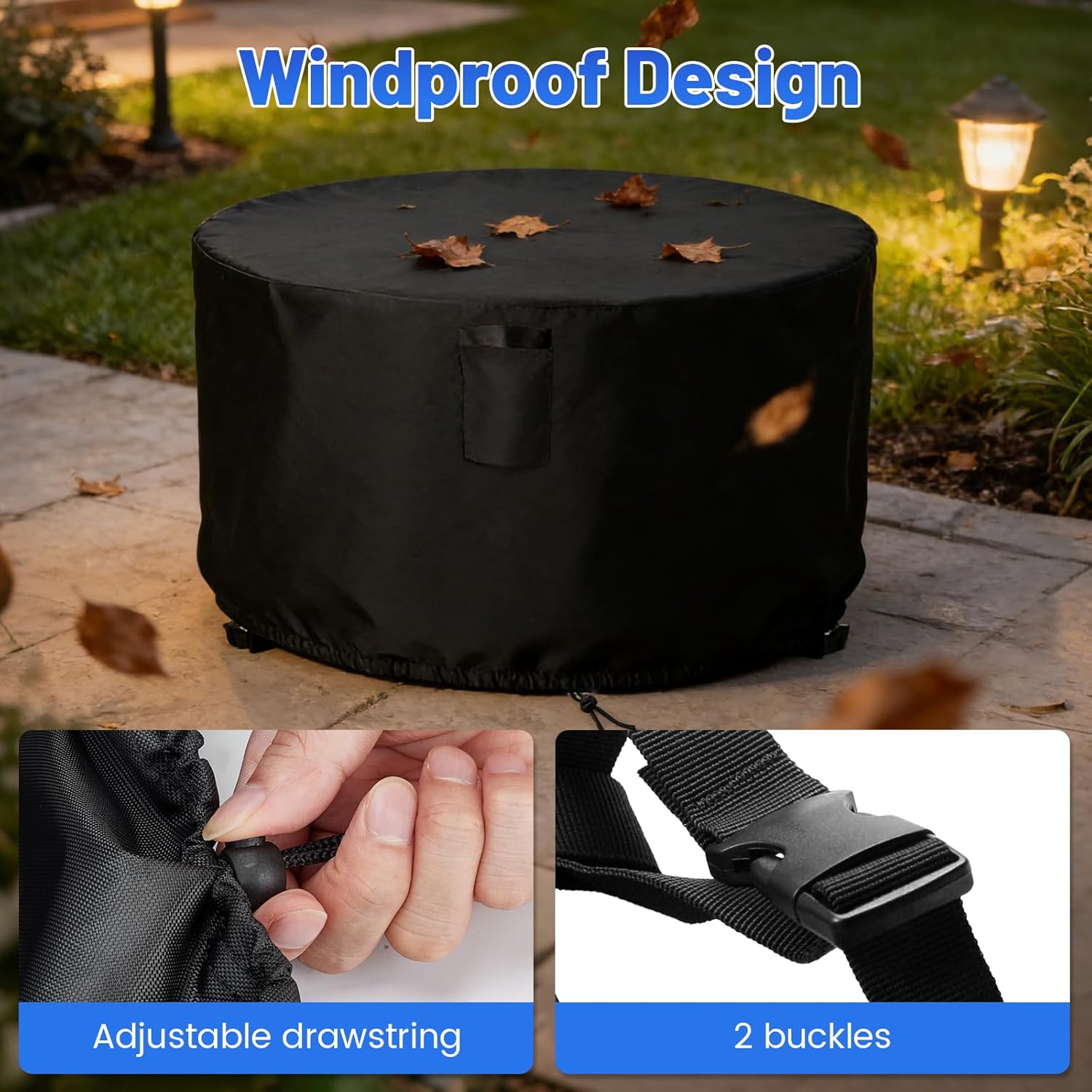 Fire Pit Cover Round 56 Inch,600D Heavy Duty Firepit Covers Round Weather Resistant,Waterproof Firepit Table Cover Outdoor-Buckle Straps,Air Vents & Drawstring