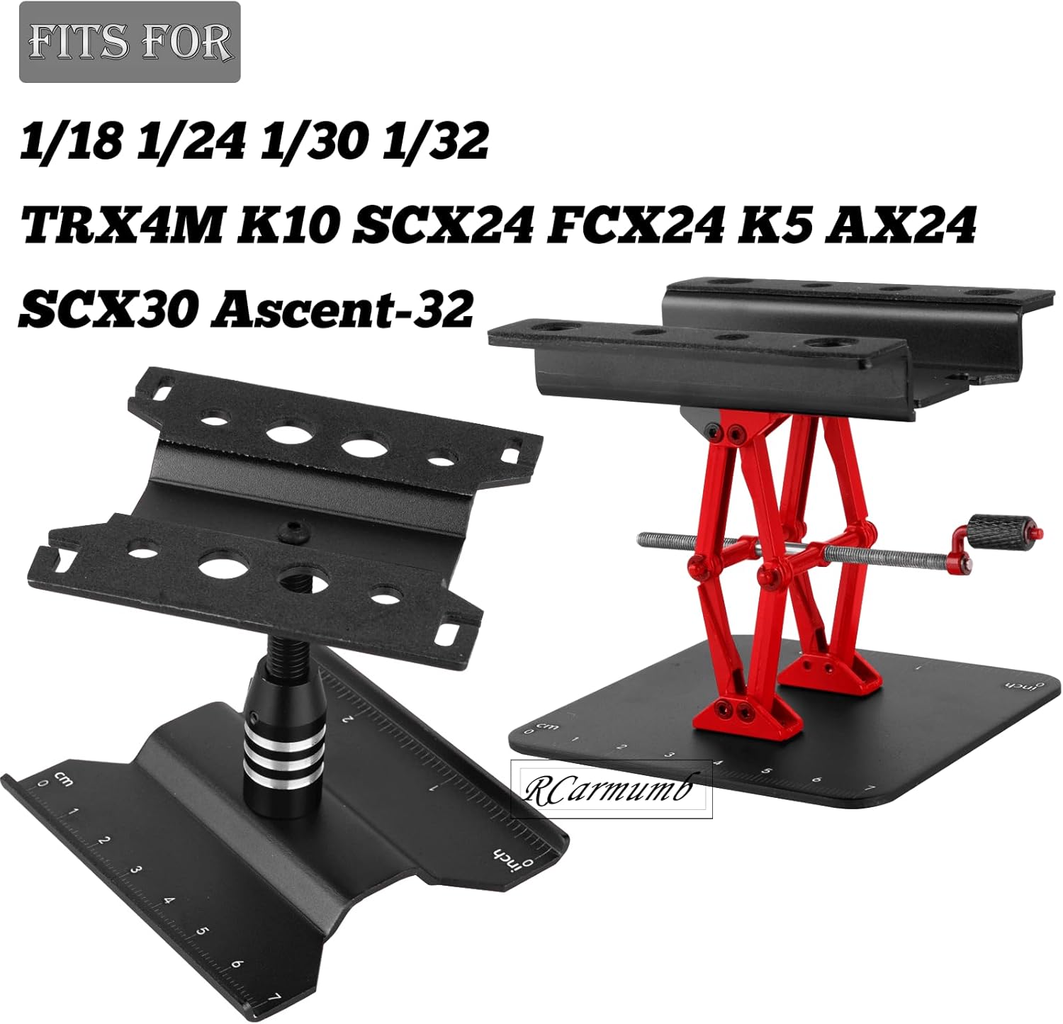 2-Pack RC Work Stand Bundle for 1/18 1/24 1/30 1/32 TRX4M K10 SCX24 FCX24 K5 AX24 SCX30 Ascent-32, 360° Rotating Display Stand & Height Adjustable Lift Table w/ 4 Pcs Jack Stands,Black w/Black