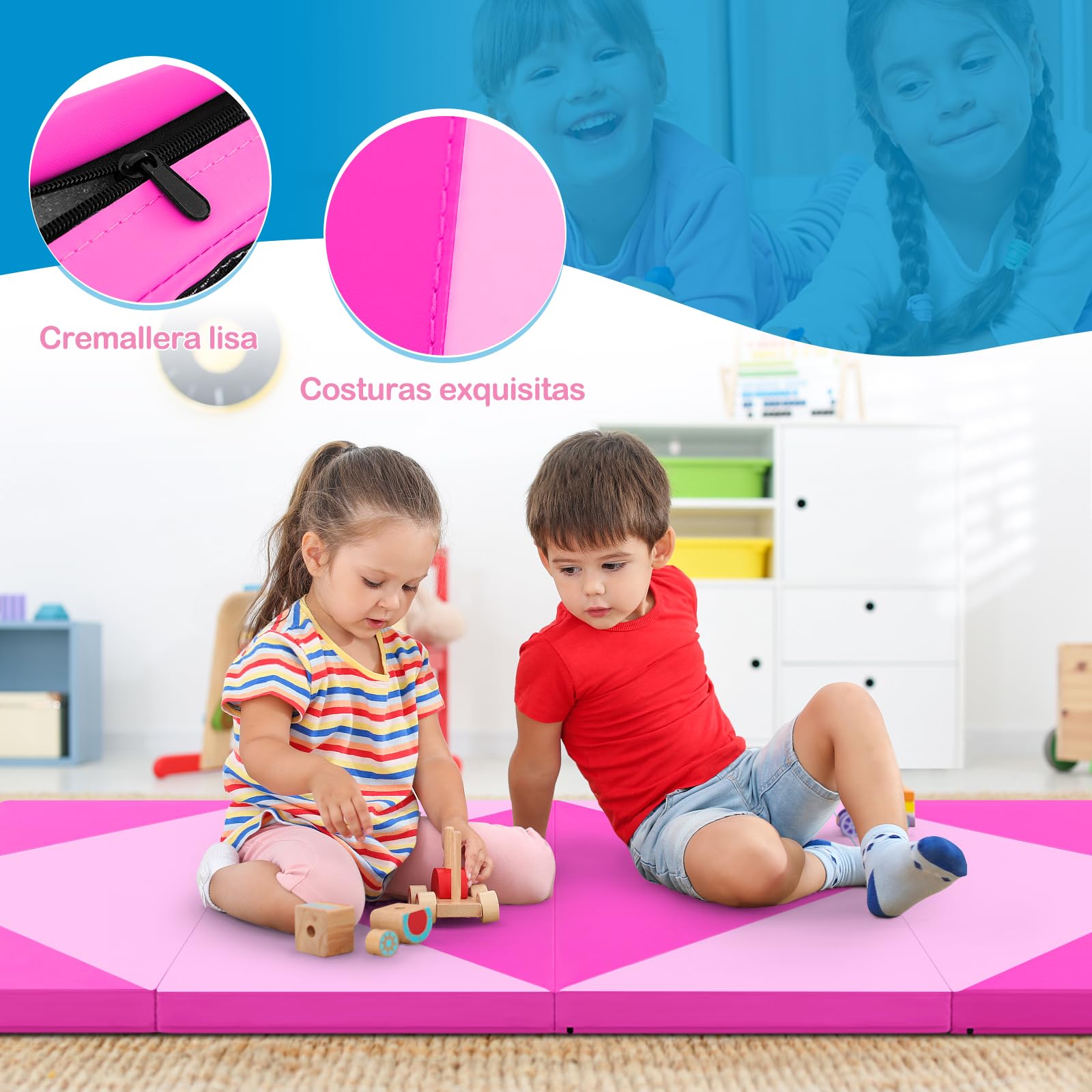 GOPLUS Colchoneta de Gimnasia Plegable, 240x117x5cm, Esterilla de Entrenamiento de Cuero Artificial con Asas de Transporte, Alfombra de Suelo para Fitness Yoga (Rosa + Purpúreo)