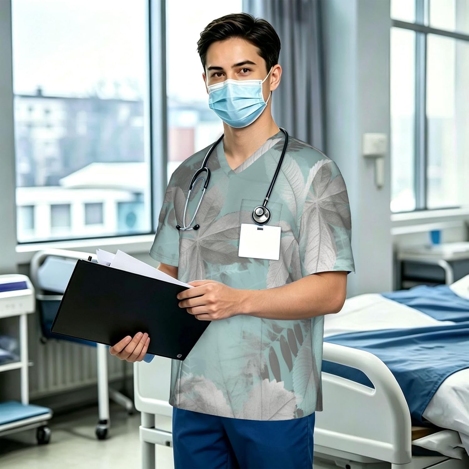 Professional Scrub Tops for Men, Classic V-Neck Workwear with 3 Pockets