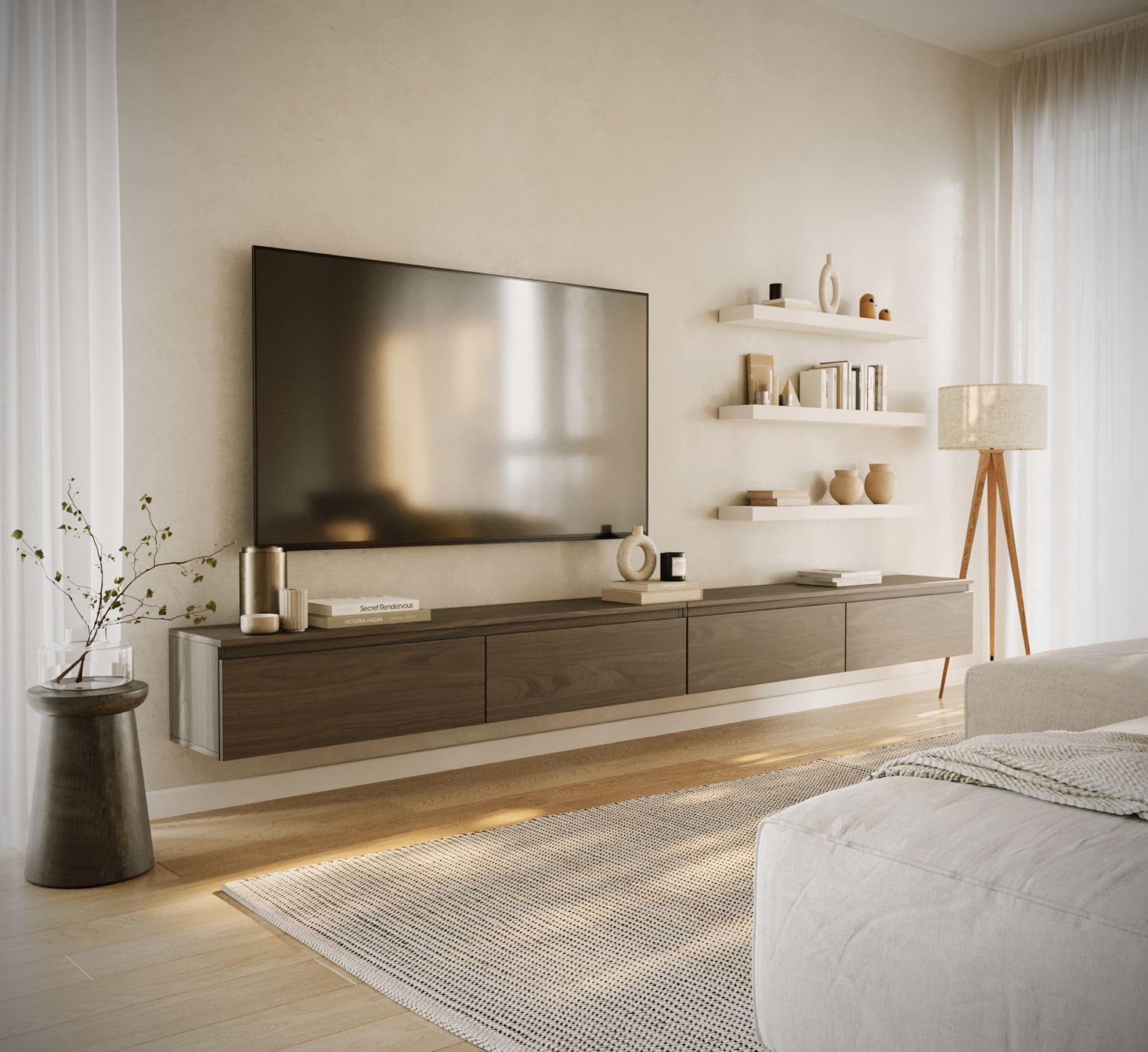 Selsey Mobile Porta TV Sospeso Noce Wisconsin 300 cm Design Moderno con Struttura Sospesa 4 Vani Ampi Pannelli di Truciolato 16 mm Portata Massima 8 kg per Ripiano Elegante per Soggiorno Moderno