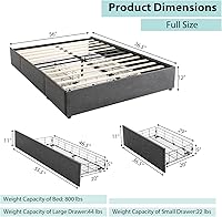 Vista 2 de KOMFOTT Base de cama de tamaño matrimonial con 3 cajones, plataforma tapizada de tela, base de colchón con soporte de listones de madera,