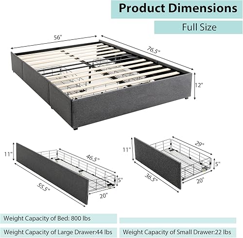 Miniatura 2 de KOMFOTT Base de cama de tamaño matrimonial con 3 cajones, plataforma tapizada de tela, base de colchón con soporte de listones de madera, no