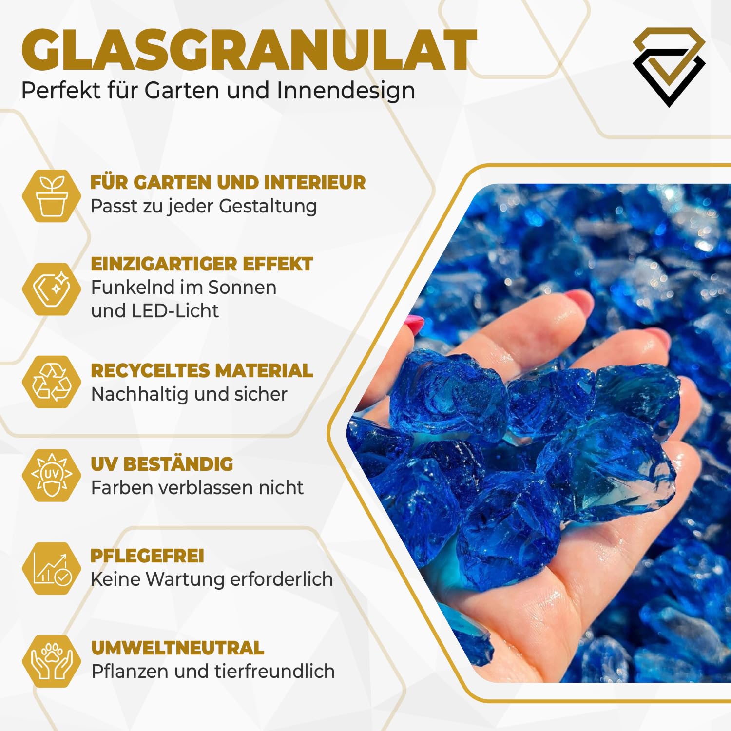 Glassteine Blau 10kg (3-5 cm) – Dekosteine Garten & Aquarium Deko Steine – Hochwertige Glasbrocken für Gabionen, Vasen & Blumentöpfe – Recyceltes Glas & Wetterfest(Blau, 10kg)
