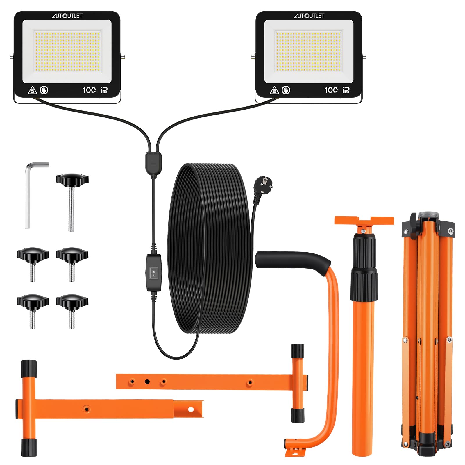 AUTOUTLET Baustrahler LED mit Stativ 200W, 3 Farbtemperaturmodi & 5M Kabel | 19000LM Baulampe, 3000K/5000K/6500K, 118-174cm Höhenverstellbar Stativ, IP66 Wasserdicht, Abnehmbar, für Garage Baustelle