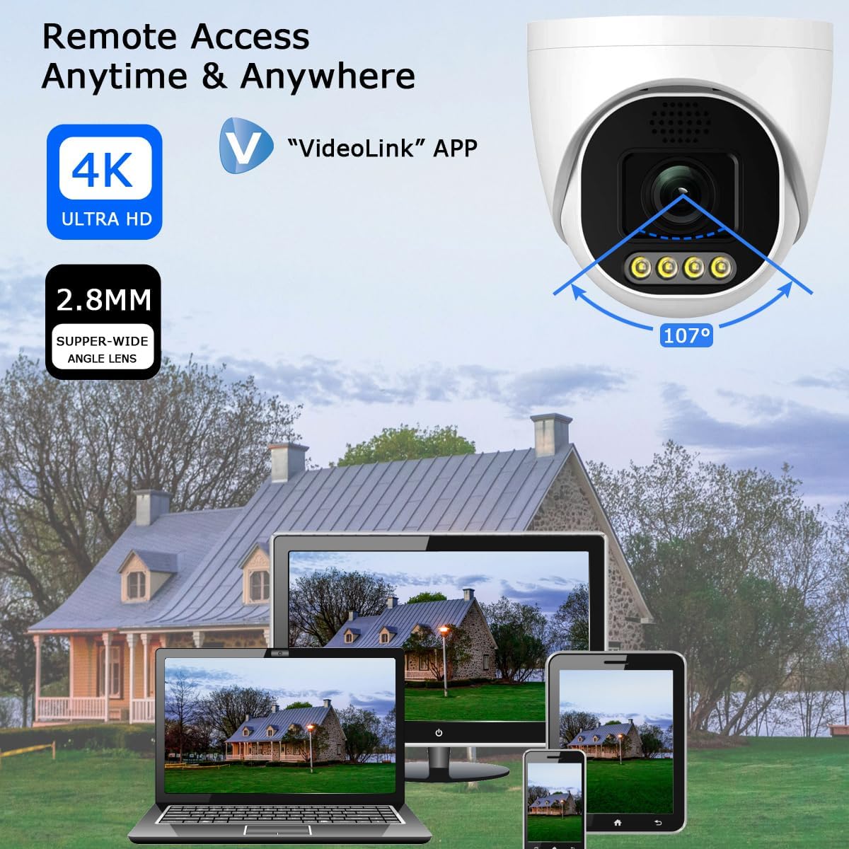 8MP IP PoE Metal Dome Camera 98ft IR Color NightVision Security Outdoor 2.8mm IMX415 Sensor, Two Way Talk,Human/Vehicle Detect,MicroSD Slot,107° Diagonal 4K@20fps,NVR onvif Compatible