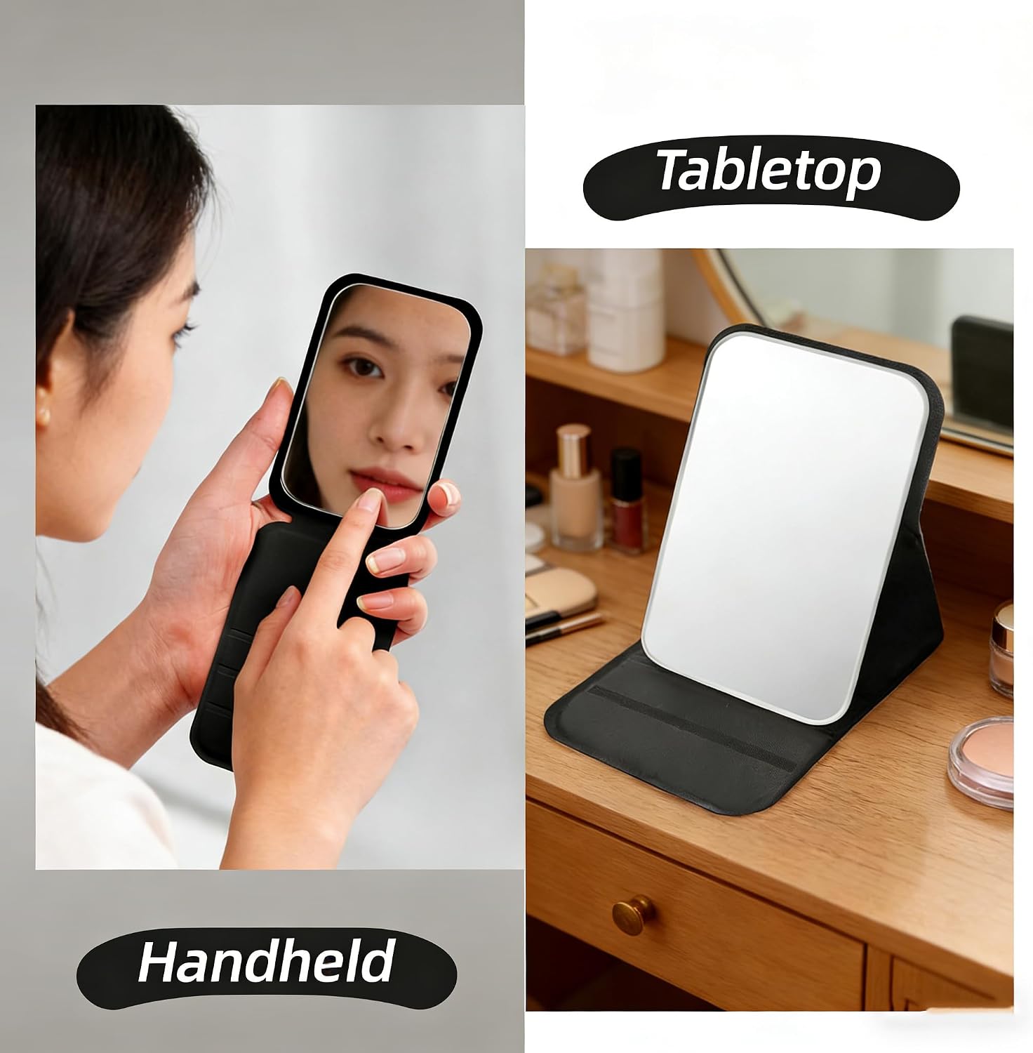 2 Pack Compact Folding Makeup Mirror 3.9", Portable Pocket Purse Mirror with Stand, Mini Travel Foldable Cosmetic Mirror, Handheld Tabletop Double-Sided Vanity Mirror for Women Girls