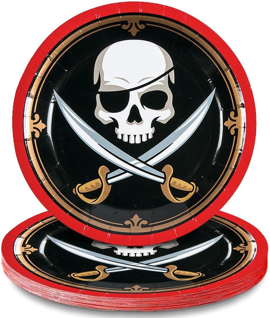 Fun Express Pirate Skull & Crossed Swords Paper Dessert Plates, 8 Pieces