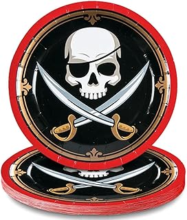 Fun Express Pirate Party Skull & Crossed Swords Paper Dessert Plates - Disposable Halloween Pirate Dessert Plates - Pirate Crossbones Skull Tableware Supplies Birthday Party Decoration - 8 Pieces