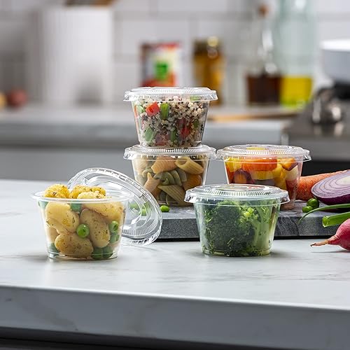 Miniatura 46 de {1 oz – 100 juegos} Vasos de plástico sumergibles negros con tapas, pequeños recipientes para control de porciones, chupitos de gelatina