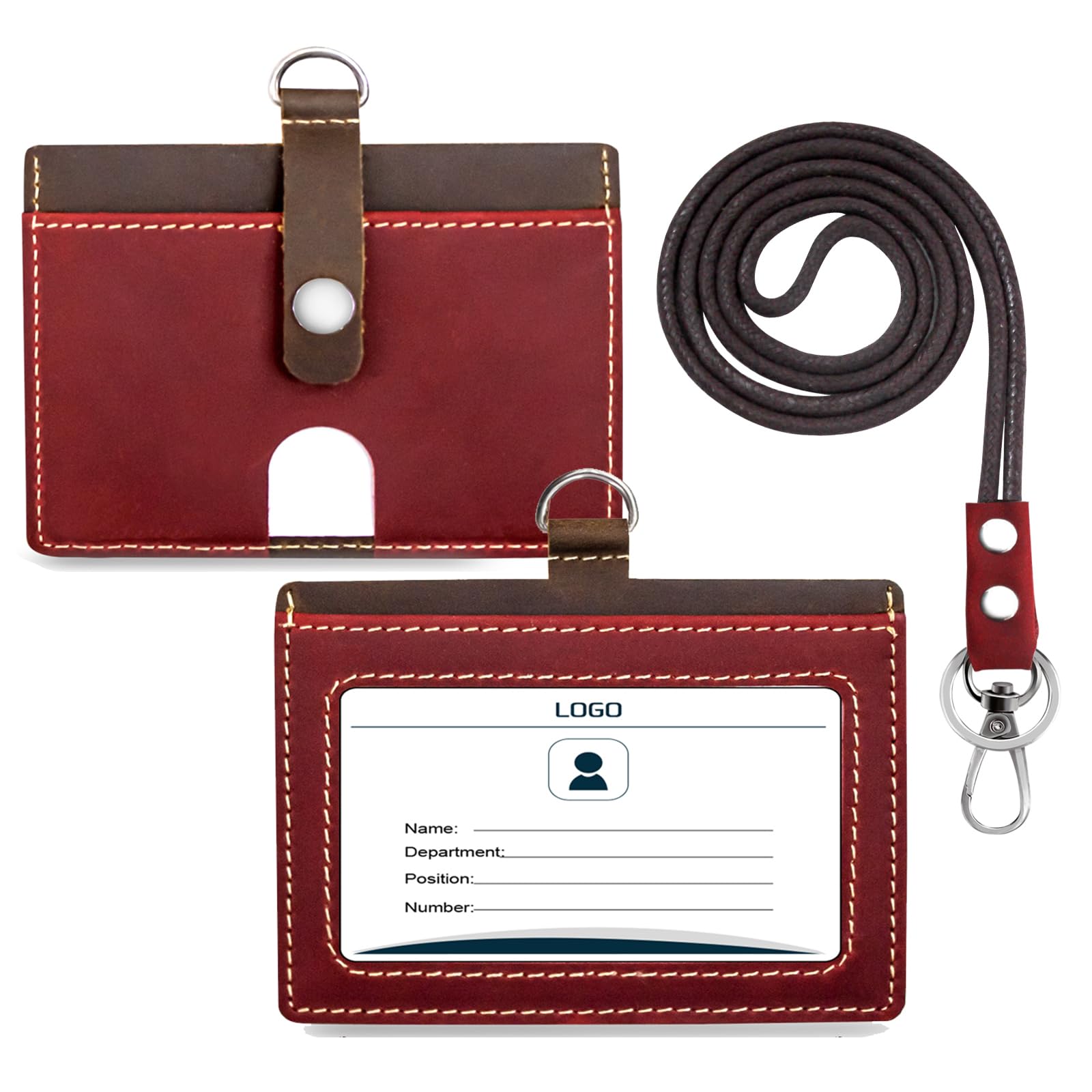 Badge Holder: Boshiho Cowhide Leather ID Badge Card Holder with 19" Neck Lanyard, Horizontal Style (Red)