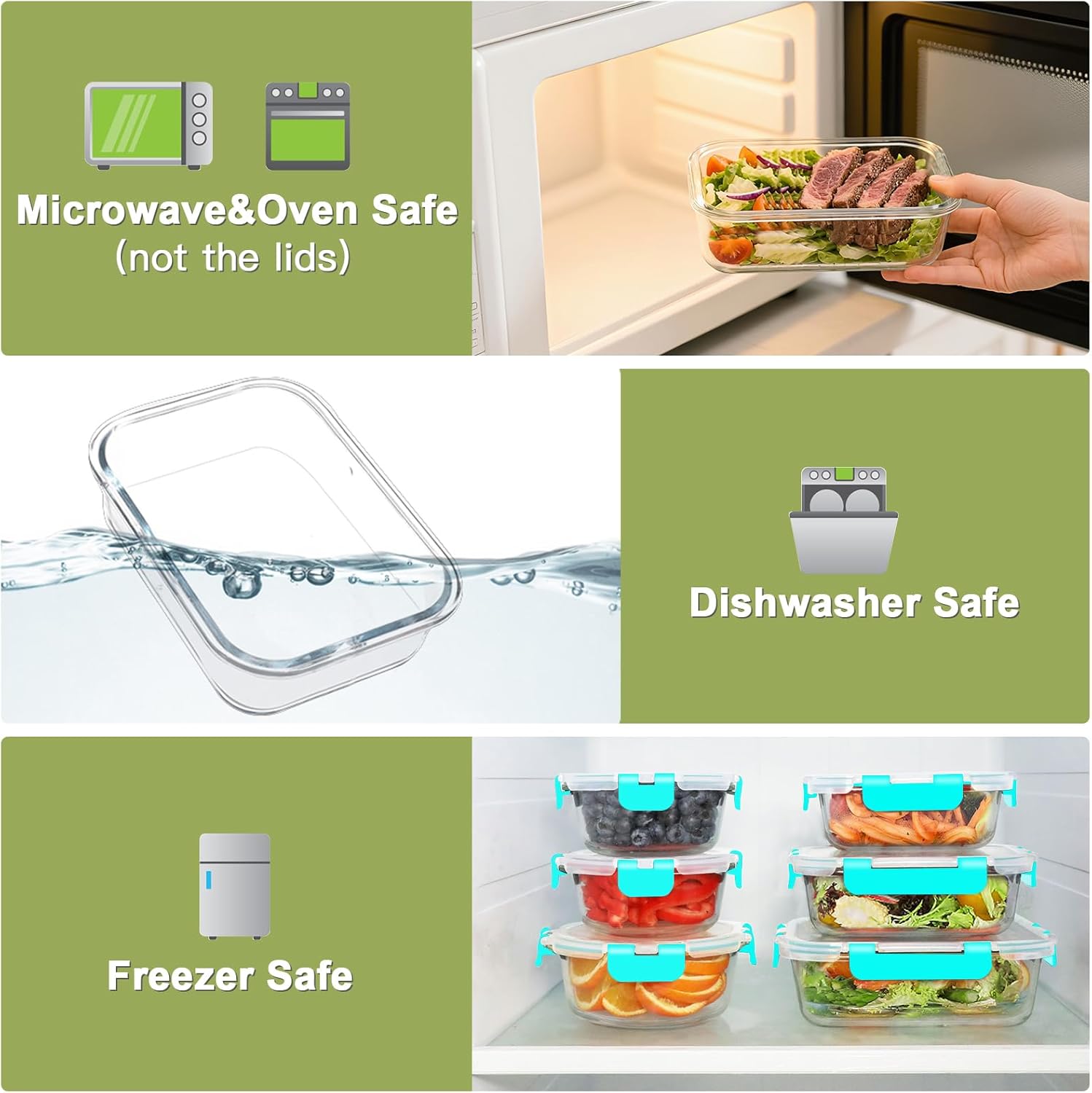 BAYZZ 24 Piece Glass Food Storage Containers with Lids, Airtight Glass Meal Prep Containers for Kitchen, BPA-Free Lunch Box, Microwave and Freezer Safe,Green