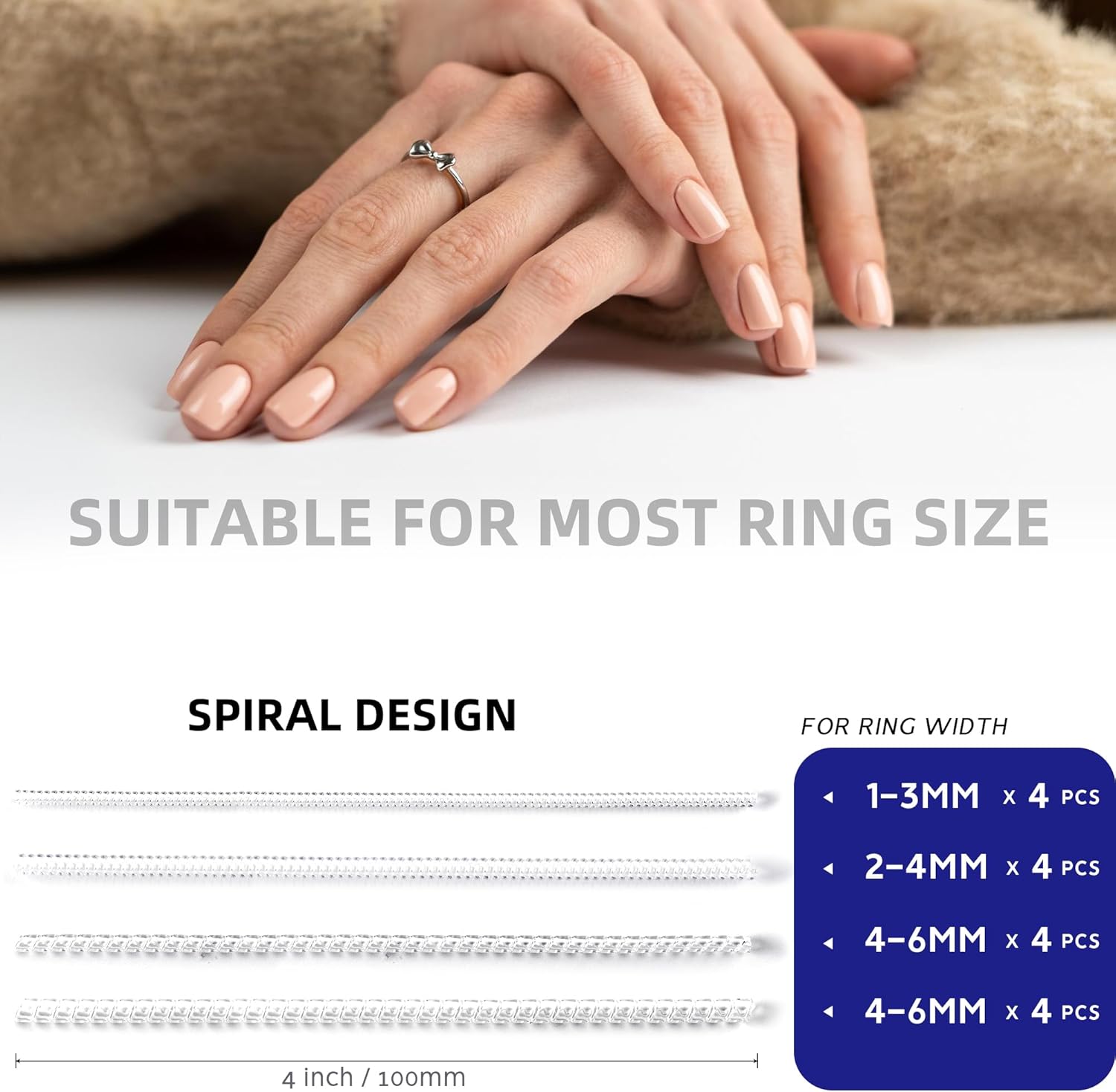 ELETIUO Ring Size Adjuster,16 Pack of Invisible Silicone Guards in 4 Sizes for Loose Rings, Adjustable Spiral Tighteners Resizer for Men and Women