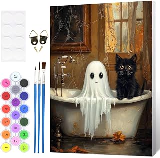 HEIBAGO Halloween Framed Paint by Numbers Kit for Adults, Ghost Black cat Paint by Numbers for Beginner, Adult Paint by Number Kits on Canvas, painting by numbers for gift home wall decor 12*16 inch