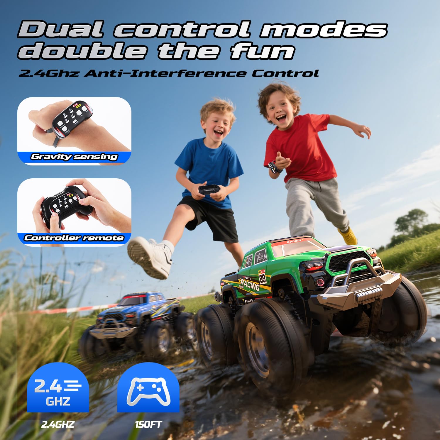 DEERC Monster Truck/Bateau RC Amphibie, Voiture Télécommandée étanche IPX7 avec Détection de Mouvements, Voiture RC 4 Roues Motrices 2,4 GHz avec Rotation à 360°, Lumière Fluide, Cadeaux pour Enfants