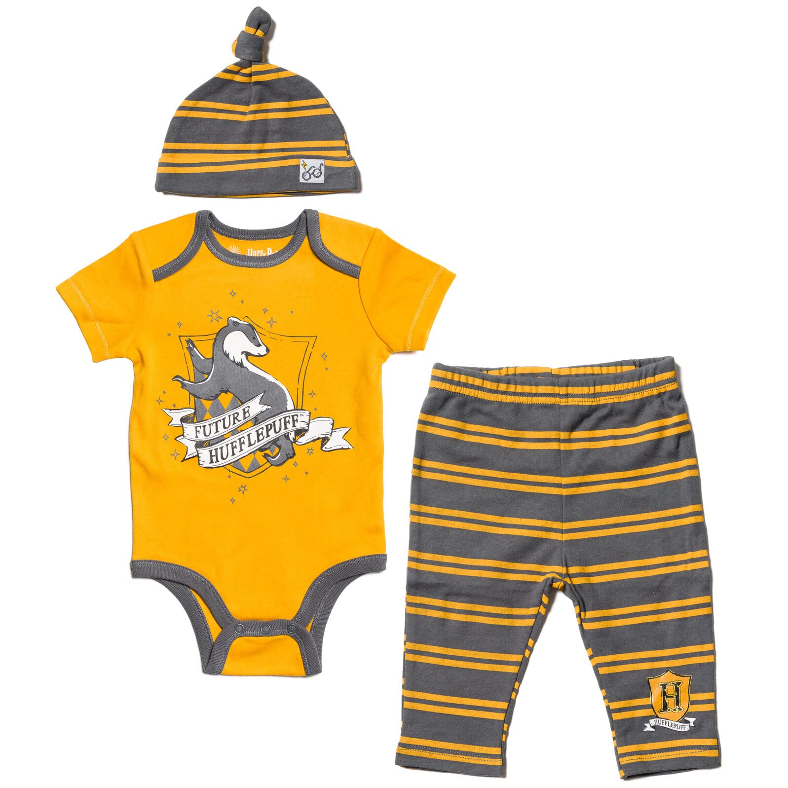 Harry Potter Hogwarts Baby 3 Piece Outfit Set: Cuddly Bodysuit Pants and Hat Outfit Set