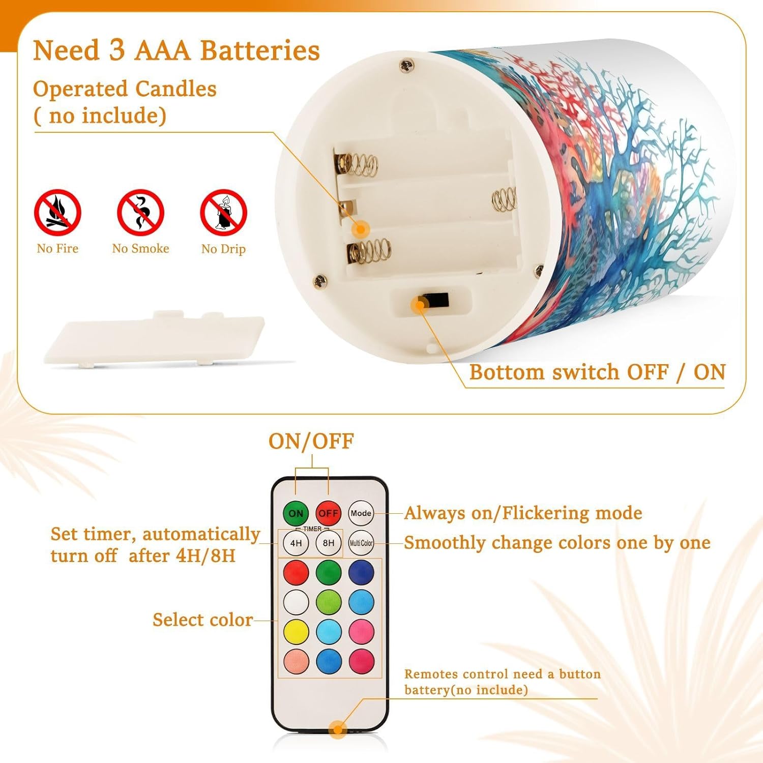 Marine Coral Flameless Candles 2PCS Operated Battery LED Flickering Pillar Candles Remote Control & Timer Waterproof Indoor & Outdoor Holiday Decoration
