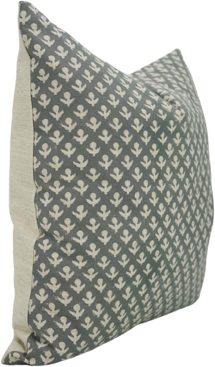 Linen Blend Fabric Vintage Handmade Dark Grey Block Print 16x16 Inch Throw Pillow Cover for Home Décor,Living Room,Farmhouse-Haryali