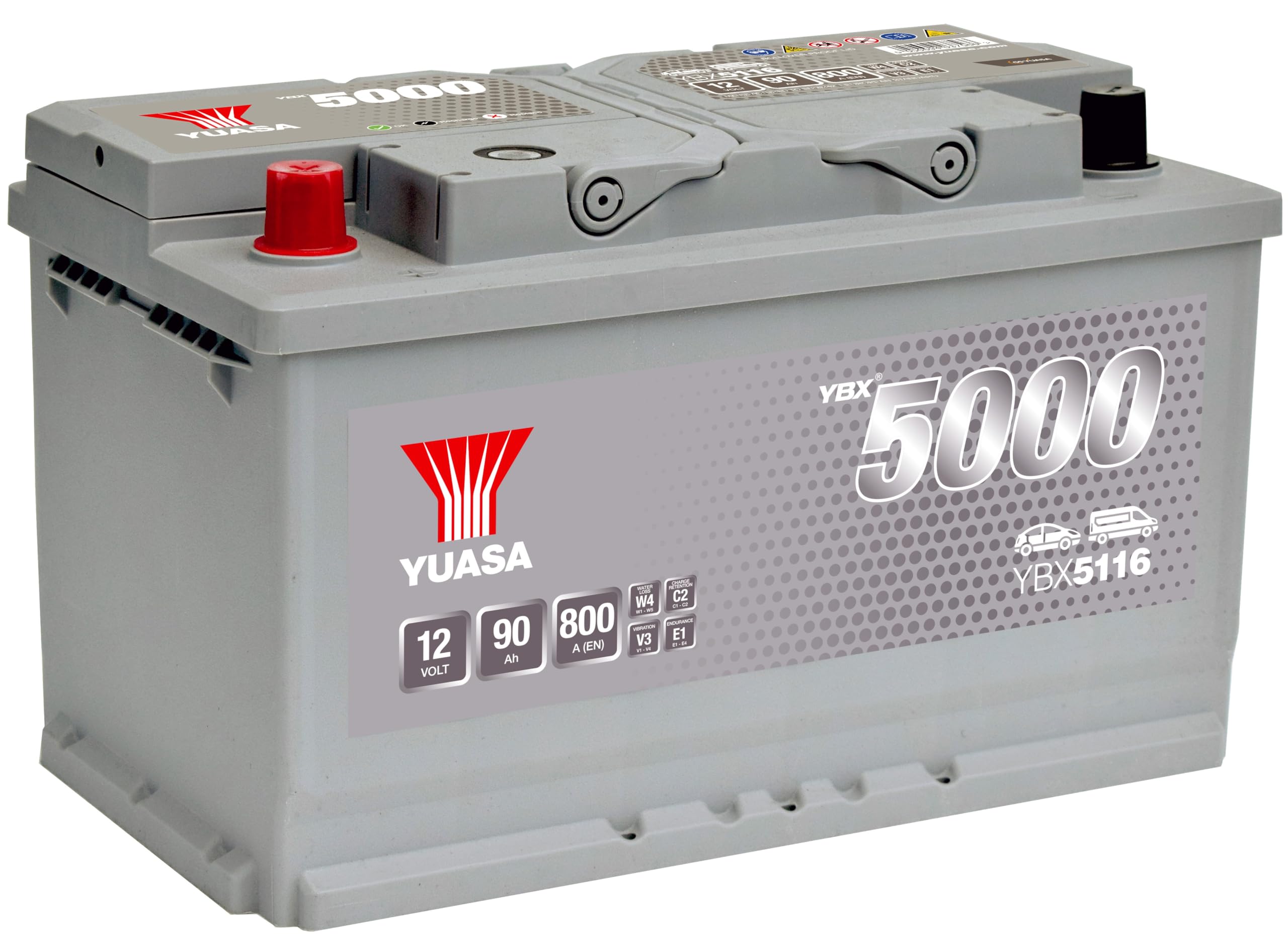 Yuasa YBX5116 - Batería de coche de alto rendimiento, 12 V, 90 Ah, 800 CCA, sellada en plata, sin mantenimiento