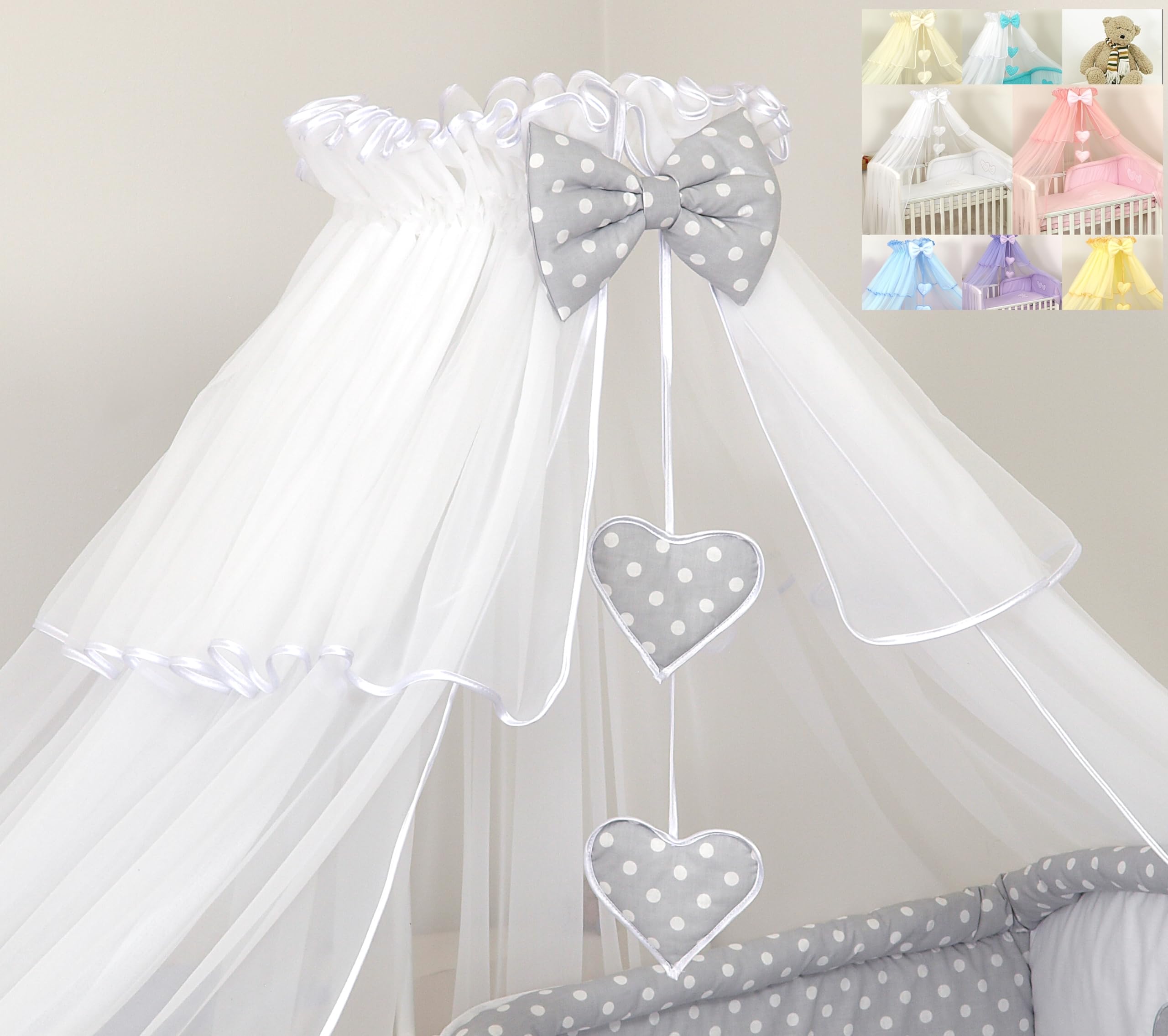 Himmel Moskitonetz 480cm Baldachin für Baby Babybett Betthimmel Herzen Chiffon Chiffonhimmel Grau Gepunktet