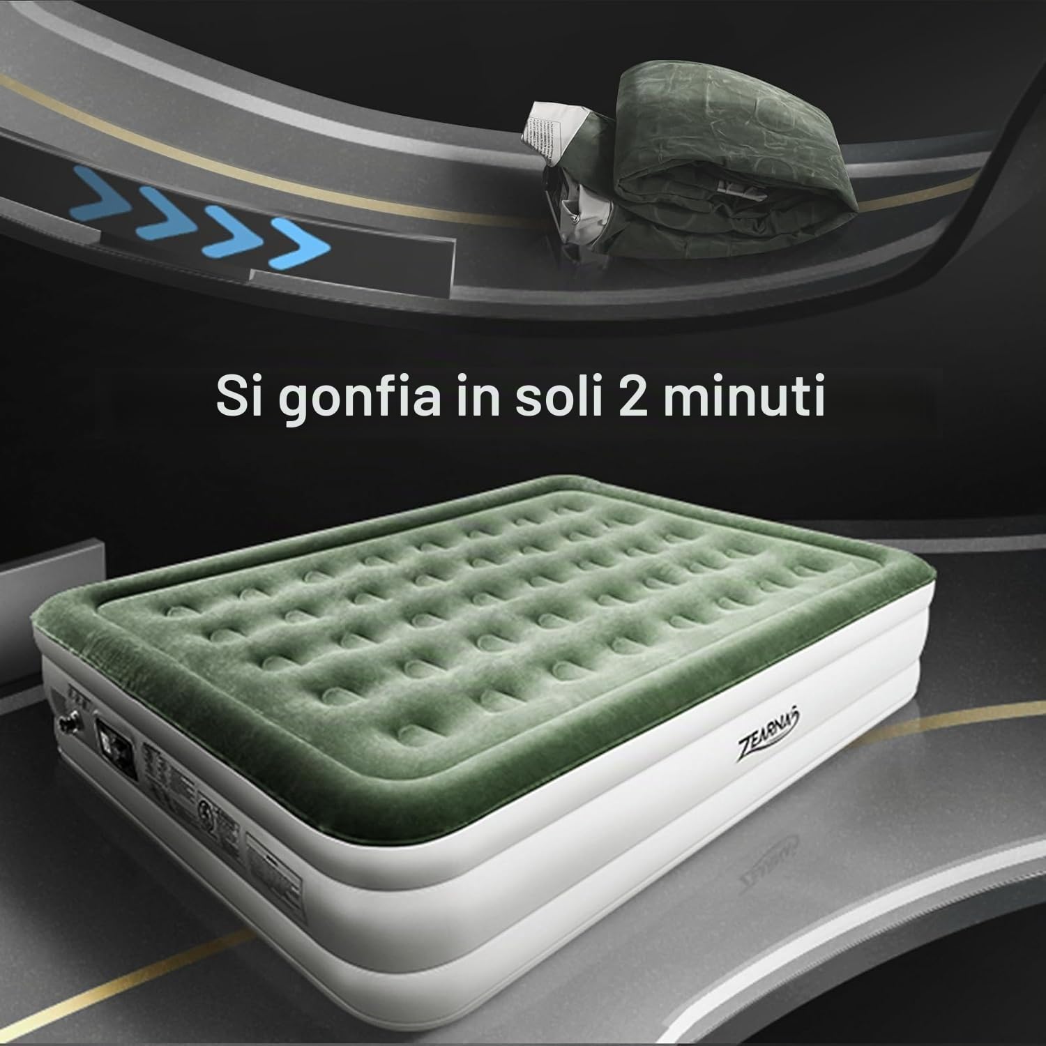 Zearna Materasso Gonfiabile con Pompa Elettrica Integrata, Autogonfiante in 3 Minuti Letto per Ospiti/Campeggio, Compatto e Impermeabile per Casa e Outdoor