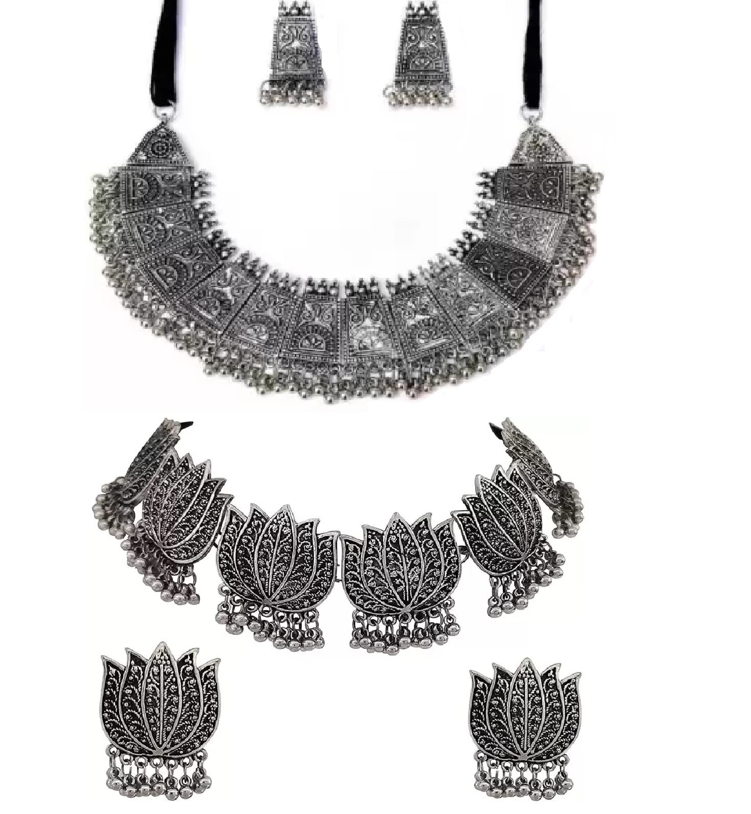 Zukhruf Oxidised Silver (Combo Pack) Lotus Designed Choker Necklace & Earring Set for Girl & Women (B0C146B6QL) Amazon Price History, Amazon Price Tracker