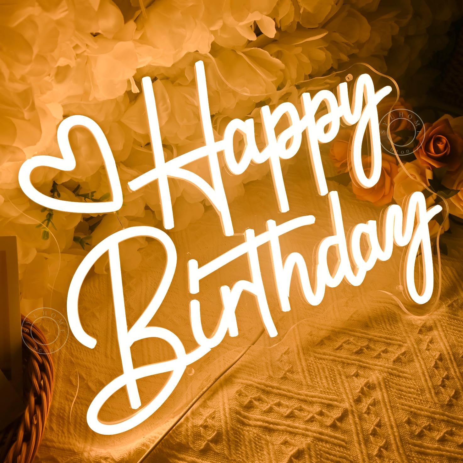 SYLHOME Happy Birthday Led Neon Light Sign Heart Birthday Party Bedroom Wall Sign Decor Banner Birthday Backdrop Light Up Sign 15.75" X 11.81" USB Dimmer Warm White 5V