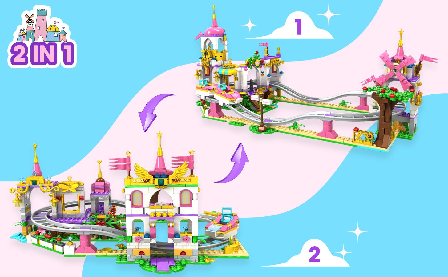 Prinzessin Castillo Montaña Rusa Set de Construcción, 749 PCS Rosa Parque de Atracciones Juguete Carnaval con Casa del Árbol Friends, Molinillo, Regalo para Niñas Chicas de 6+, Pascua, Navidad