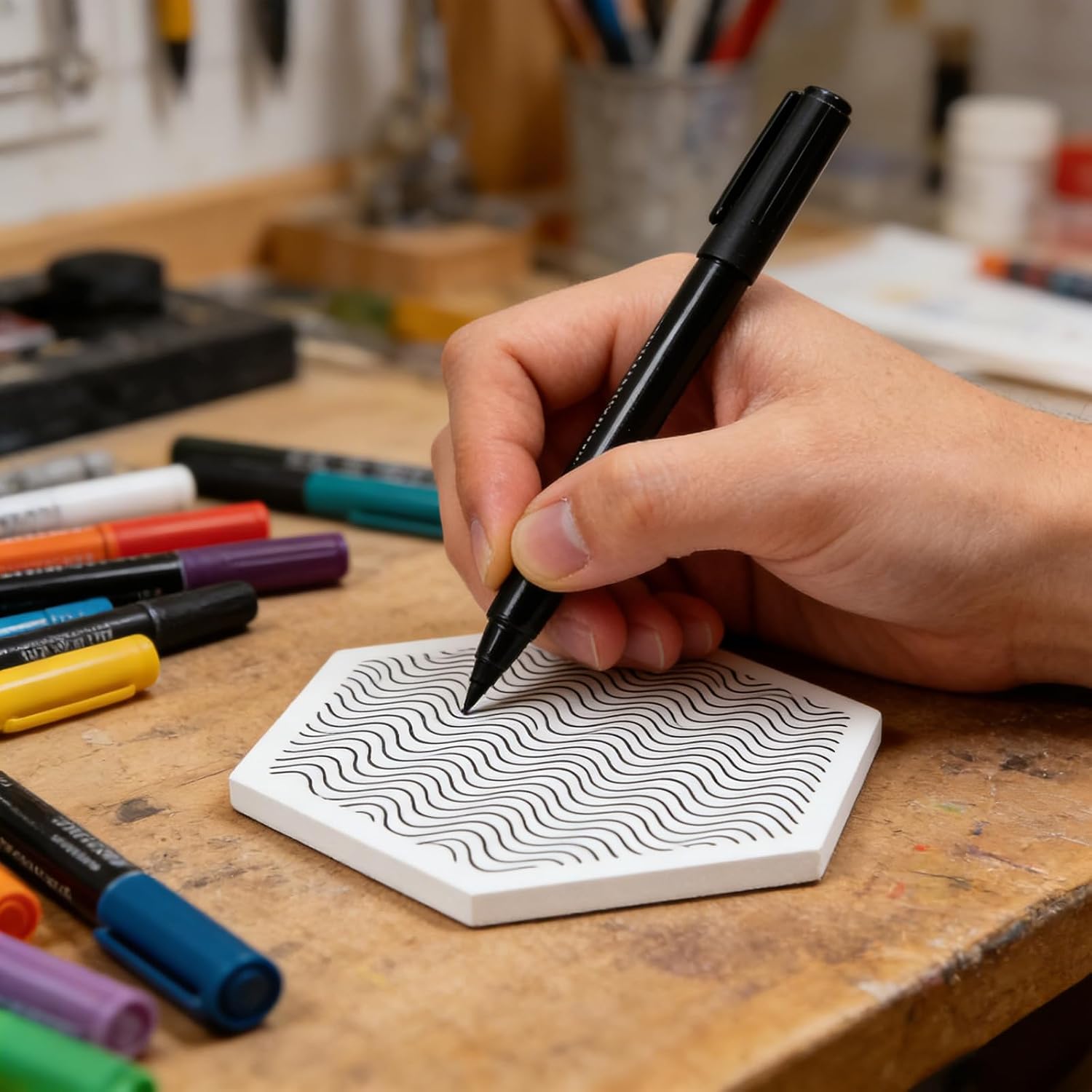 JAPCHET 32 PCS Blank Hexagon Ceramic Tiles for Crafts Coasters with 4 Holders, White Unglazed Ceramic Tiles Coaster with Cork Backing Pads for Acrylic Pouring, Painting Projects